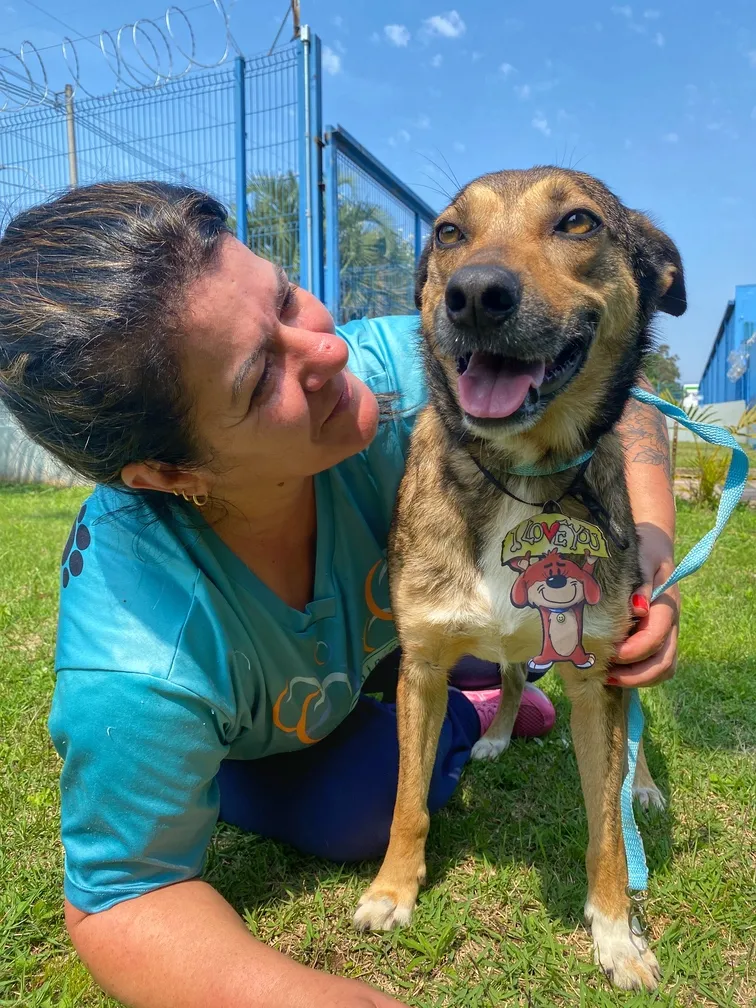 Momento de vínculo entre voluntária e cão acolhido em área externa.